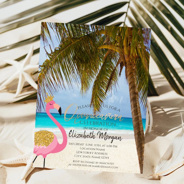 Tropical Beach,Palm,Flamingo  Quinceañera Invitation (Creator Uploaded)