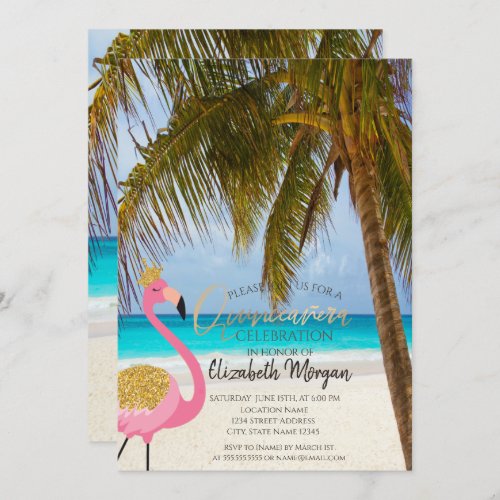 Tropical BeachPalmFlamingo  Quinceaera Invitation