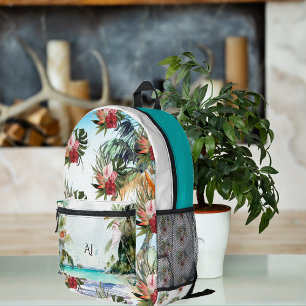 Tropical Beach Palm Floral   Monogram Printed Backpack