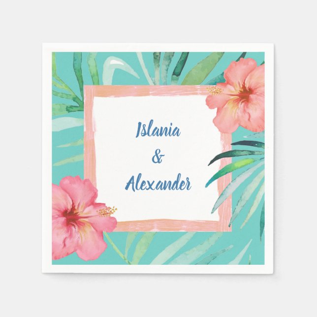 Tropical Beach Palm Hibiscus Wedding & Shower Napkins (Front)