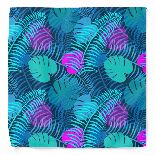 Tropical Beach Palm Leaf Blue Pink Pattern Bandana (Front)