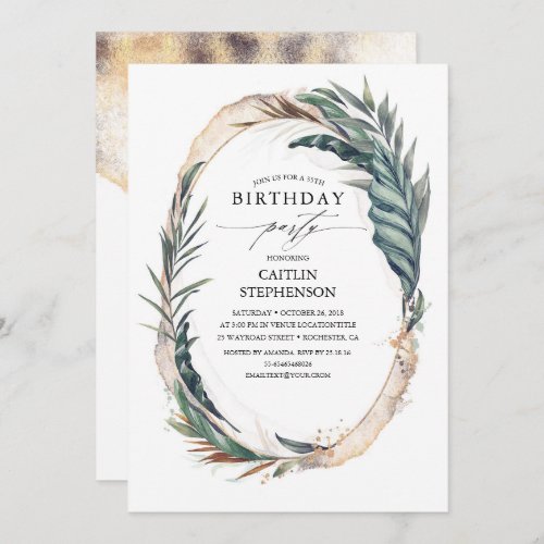 Tropical Beach Palm Leaves and Gold Birthday Invitation