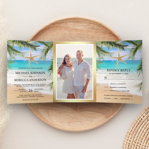 Tropical Beach Palm Leaves Starfish Photo Wedding Tri_Fold Invitation