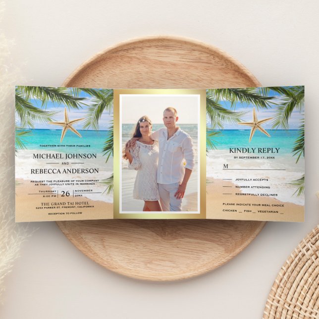 Tropical Beach Palm Leaves Starfish Photo Wedding Tri-Fold Invitation (Creator Uploaded)
