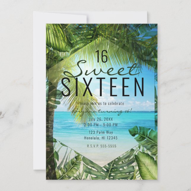 Tropical Beach Palm Leaves Summer Island Sweet 16 Invitation (Front)