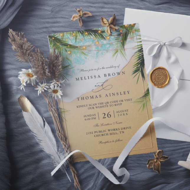 Tropical Beach Palm Lights Photo QR Code Wedding Invitation (Creator Uploaded)