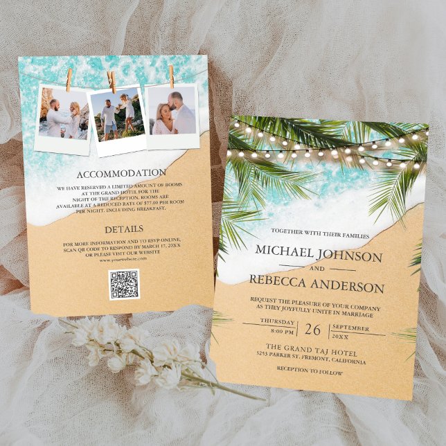 Tropical Beach Palm Lights Photo QR Code Wedding Invitation (Creator Uploaded)