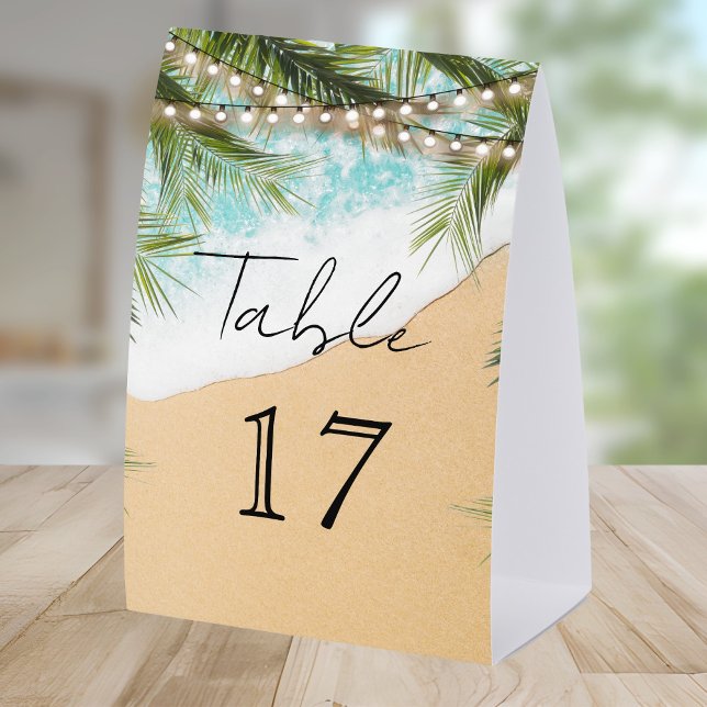Tropical Beach Palm Lights Wedding Table Number Paper Table Tent (Creator Uploaded)