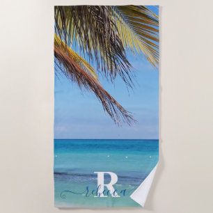 Tropical Beach Palm Monogram Name Beach Towel