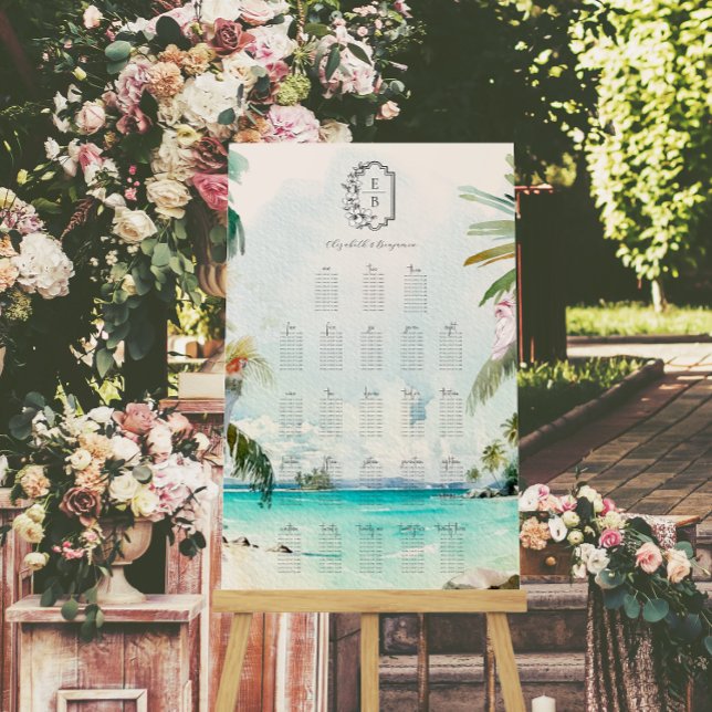 Tropical Beach Palm | Monogram Wedding Seating Foam Board (Creator Uploaded)