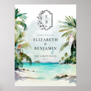 Tropical Beach Palm   Monogram Wedding Welcome Poster