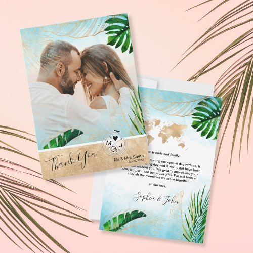 Tropical Beach Palm Photo Destination Wedding Thank You Card
