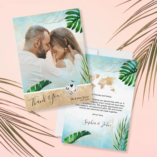 Tropical Beach Palm Photo Destination Wedding Thank You Card | Zazzle