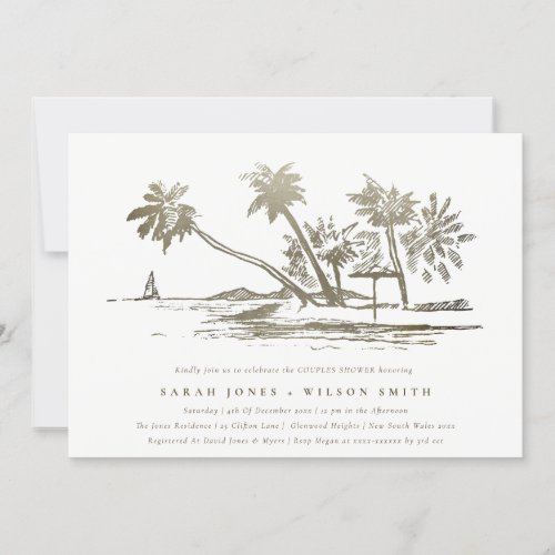 Tropical Beach Palm Sketch Gold Couples Shower Invitation