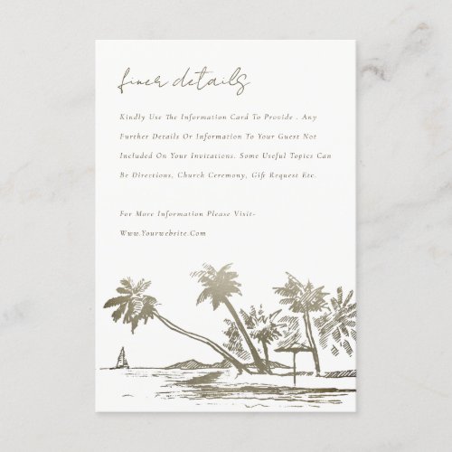 Tropical Beach Palm Sketch Gold Wedding Detail Enclosure Card