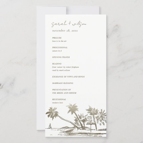 Tropical Beach Palm Sketch Gold Wedding Program