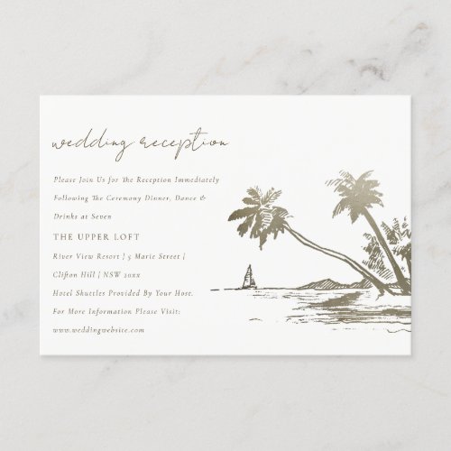 Tropical Beach Palm Sketch Gold Wedding Reception Enclosure Card
