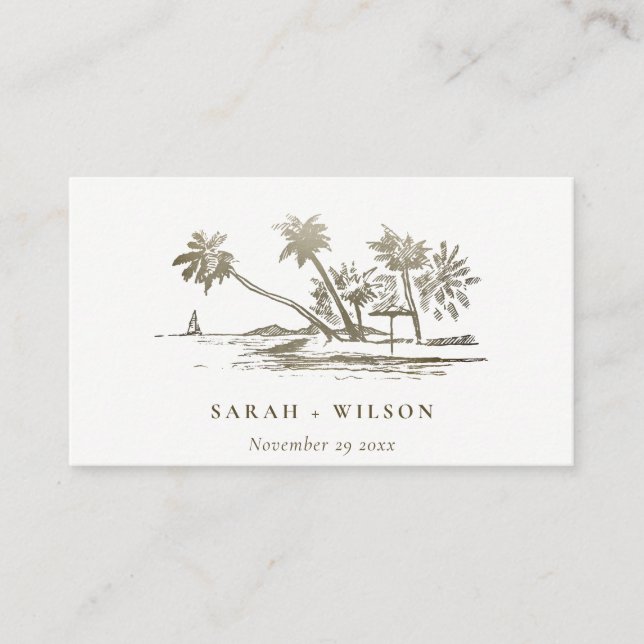 Tropical Beach Palm Sketch Gold Wedding Website Enclosure Card (Front)