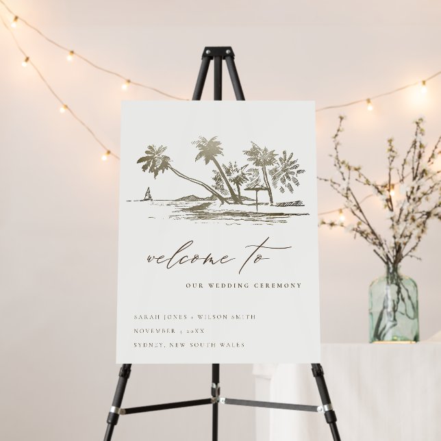 Tropical Beach Palm Sketch Gold Wedding Welcome Foam Board (In Situ (Stand))