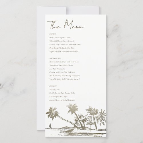 Tropical Beach Palm Sketch Wedding Gold Menu Card