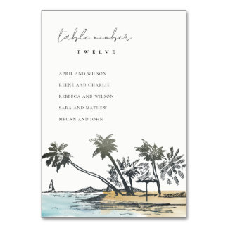 Tropical Beach Palm Sketch Wedding Seating Chart Table Number