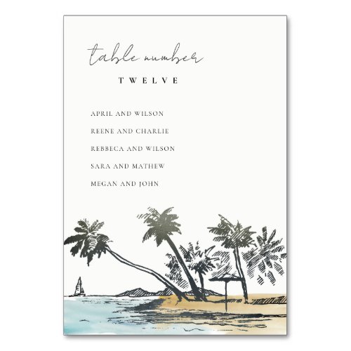 Tropical Beach Palm Sketch Wedding Seating Chart Table Number