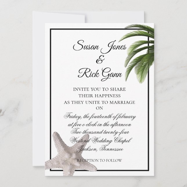 Tropical Beach Palm Starfish Modern White Wedding Invitation (Front)