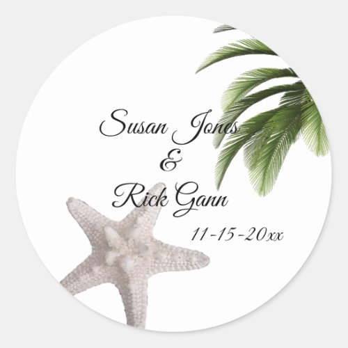 Tropical Beach Palm Starfish White Wedding Classic Round Sticker
