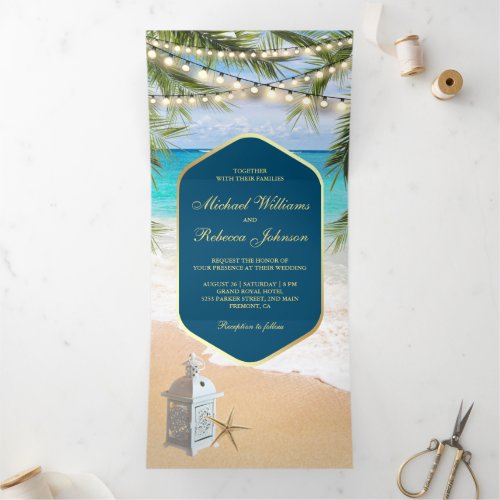 Tropical Beach Palm String Lights Lantern Wedding Tri_Fold Invitation
