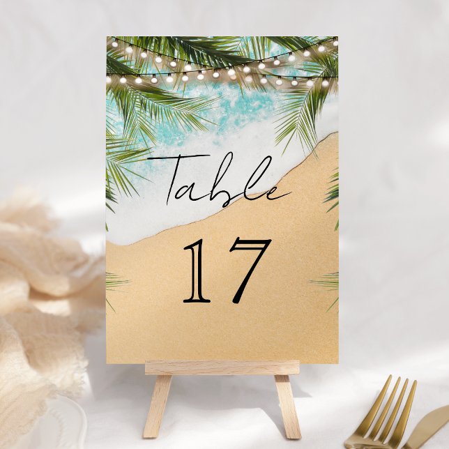 Tropical Beach Palm String Lights Wedding Table Number (Creator Uploaded)