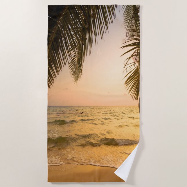 Tropical Beach Palm Sunset Beach Towel (Front)