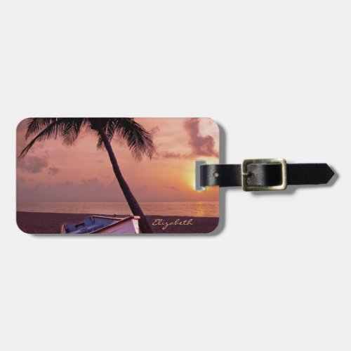 Tropical Beach Palm Sunset Boat _ Personalized Luggage Tag