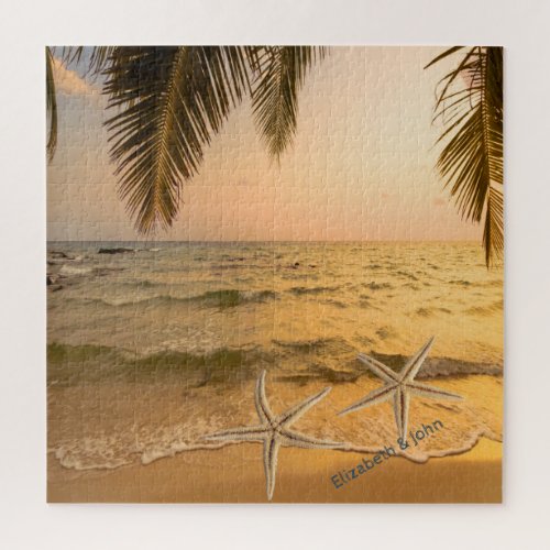 Tropical Beach Palm Sunset Seastars Jigsaw Puzzle