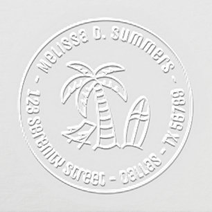 Tropical Beach Palm Surfboard Round Address Embosser