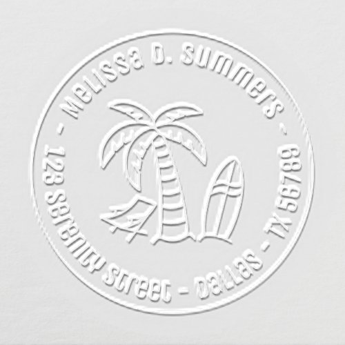 Tropical Beach Palm Surfboard Round Address Embosser