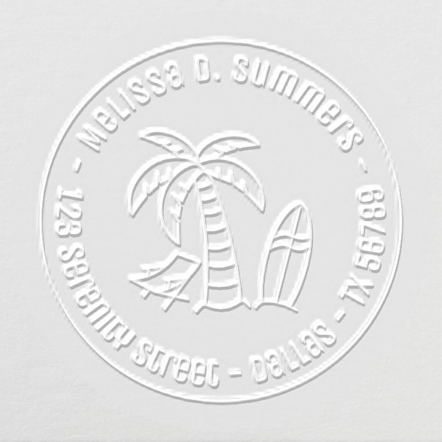 Tropical Beach Palm Surfboard Round Address Embosser (Design)