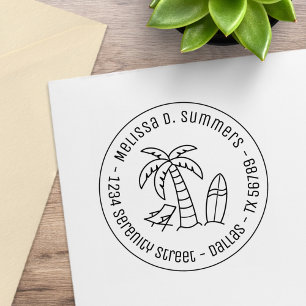 Tropical Beach Palm Surfboard Round Address Rubber Stamp