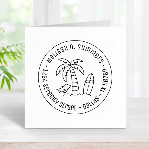 Tropical Beach Palm Surfboard Round Address Rubber Stamp