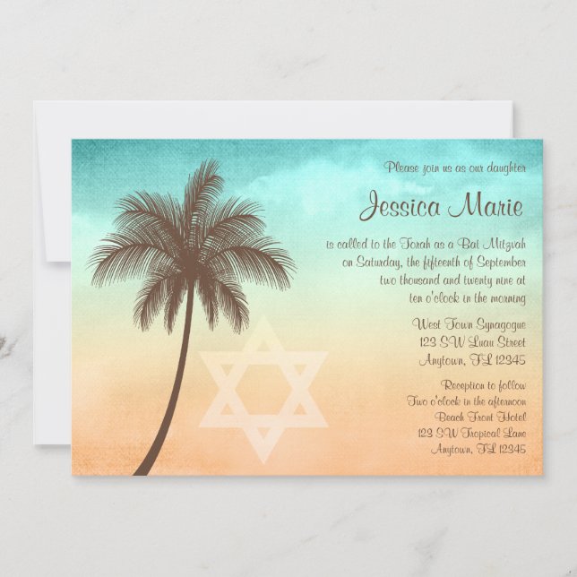 Tropical Beach Palm Tree Bat Mitzvah Invitations (Front)