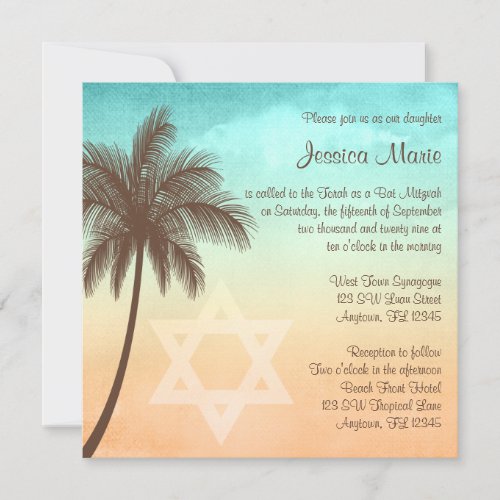 Tropical Beach Palm Tree Bat Mitzvah Invitations