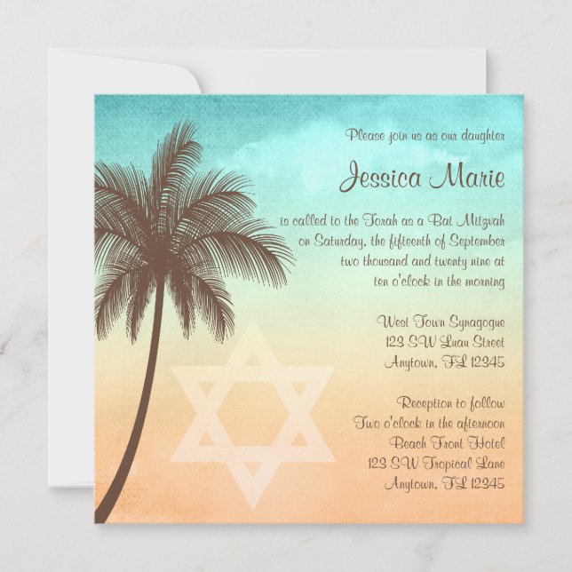 Tropical Beach Palm Tree Bat Mitzvah Invitations (Front)
