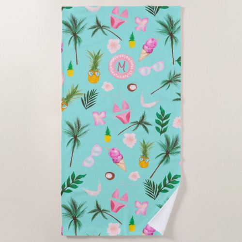 Tropical beach palm tree bikini floater monogram beach towel