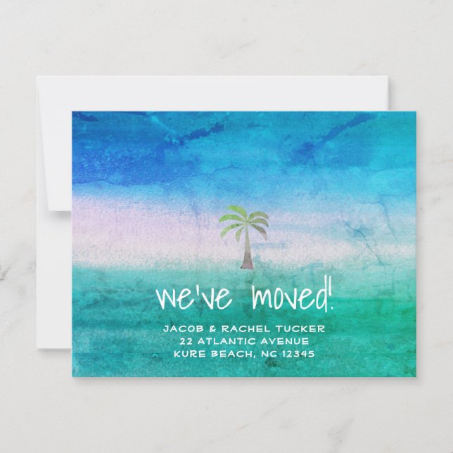 Tropical Beach Palm Tree Blue Green Moving Announcement (Front)