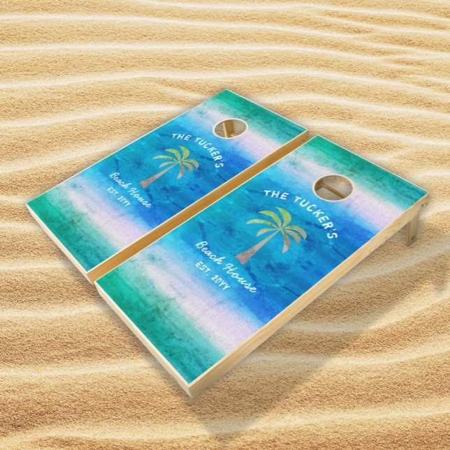 Tropical Beach Palm Tree Blue Green Weathered Cornhole Set (Creator Uploaded)