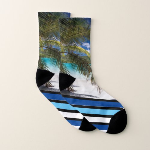 Tropical Beach Palm Tree Blue Socks