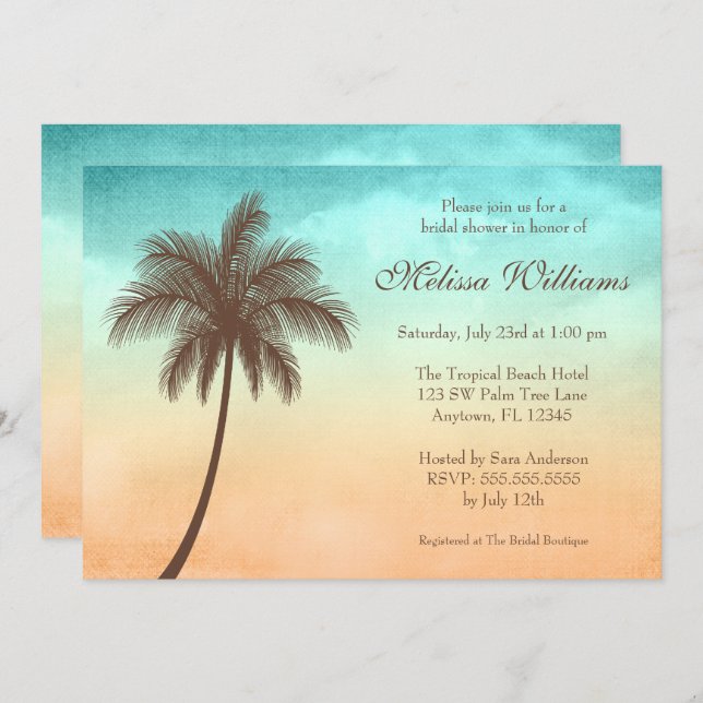 Tropical Beach Palm Tree Bridal Shower Invitation (Front/Back)