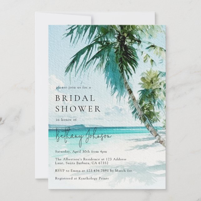 Tropical Beach Palm Tree Bridal Shower Invitation (Front)