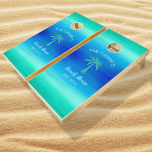 Tropical Beach Palm Tree Bright Blue Green Cornhole Set