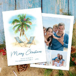 Tropical Beach Palm Tree Christmas 3 Photo  Holiday Card<br><div class="desc">Celebrate the season with a coastal touch using this tropical Christmas photo card featuring a festive palm tree decorated with colorful lights, beach chairs in the sand, and 3 family photos on the back. A fun and sunny way to share holiday greetings from your family to loved ones. Please visit...</div>