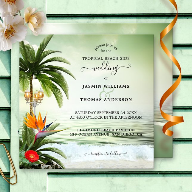 Tropical Beach Palm Tree Coastal Wedding Invitation (Colorful destination wedding invitation featuring palm trees with lanterns overlooking the ocean)